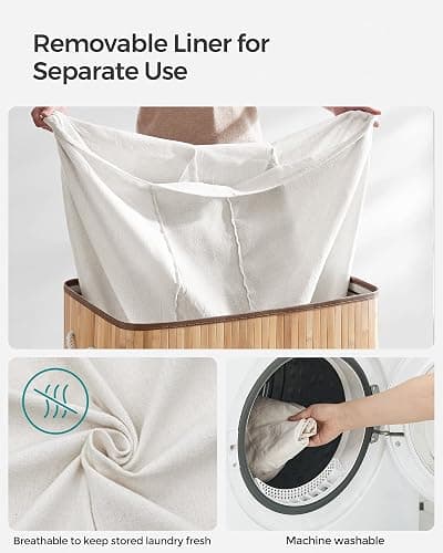 SONGMICS Laundry Basket with Lid, 150 L Bamboo, 3 Compartments | Laundry Hamper, Foldable, Removable and Machine Washable Liner Bag, for Laundry Room, Natural, RONEX Collection LCB091N01 thumbnail 9