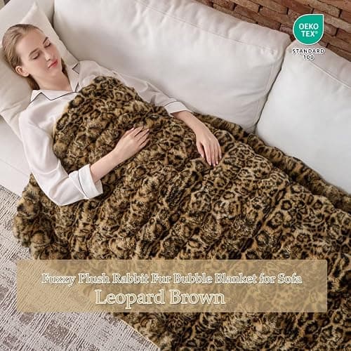 760GSM Faux Rabbit Faux Fur Throw Blanket,Super Thick Warm Bubble Blanket Throw,Fuzzy Luxury Plush Decorative Blanket for Couch Bed Sofa(Leopard Brown,50''x 60'') thumbnail 6