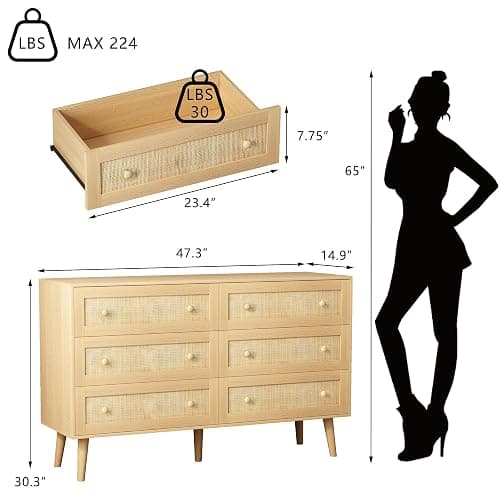 HUANLEGO Rattan Dresser for Bedroom, Modern 6 Drawer Dressers & Chest of Drawers, Natural Boho Dresser with Handles Wood Storage Organizer Modern Dressers for Closet, Hallway, Office thumbnail 2
