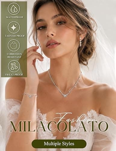 MILACOLATO Jewellery Set for Women Gold Silver Necklace and Bracelet Set | 14K Gold Plated Hypoallergenic Chorker Necklace Link Chain with Bow CZ Four Leaf Clover Dainty Wedding Bride Jewelry Set thumbnail 4