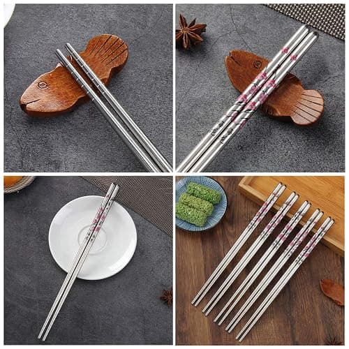 HuaLan Stainless Steel Chopsticks, Metal Chopsticks, Reusable Non-slip Design Chop Sticks, 5 Pairs Gift Set,Plum Pattern Design thumbnail 3