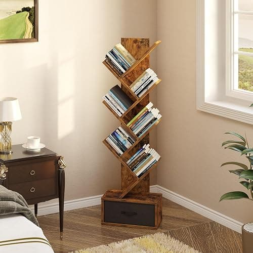 Rolanstar 7 Tier Bookshelf with Drawer, Tree Bookshelf, Small Bookshelves with Storage Rack for CDs/Movies/Books, Standing Book Shelf, Tall Narrow Bookcase for Living Room, Bedroom, Rustic Brown thumbnail 4