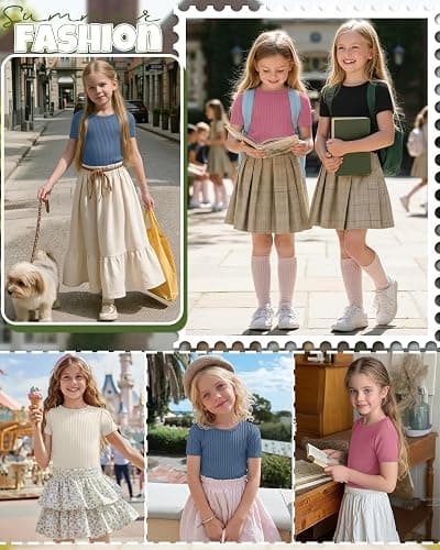 Oakgarden 4 Pack Girls T Shirts 5-14 Years Short Sleeve Ribbed Tops Crew Neck Slim Fit Summer Casual Cute Basic Tees for Kids thumbnail 5
