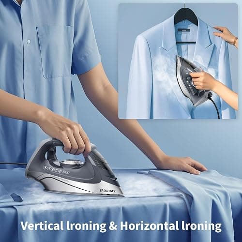 IRONDAY Steam Iron for Clothes Rapid Heating, 1700W Iron Burst of Steam, Non-Stick Ceramic Soleplate, Auto shutoff, Anti-Drip, Self-Cleaning, 10.14oz Water Tank Ironing Clothes for All Fabrics, Grey thumbnail 8