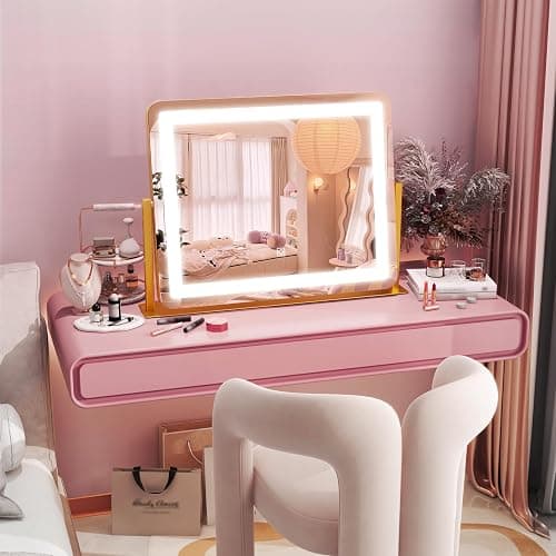HNV Gold Vanity Makeup Mirror with Lights, 22"x17" Large Lighted Vanity Mirror, Dimmable LED with 3 Color Touch Lighting, Tabletop Mirror for Desk or Bedroom, 360° Rotation thumbnail 7