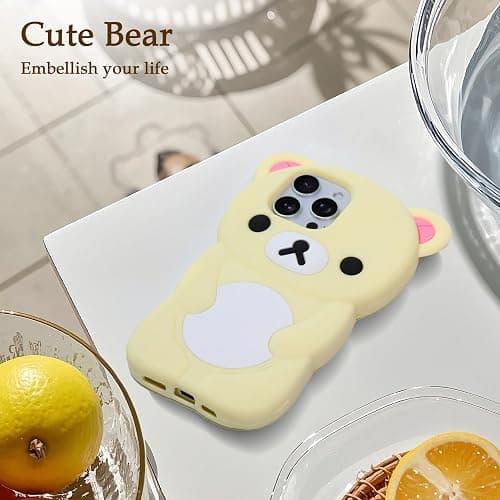 IAIYOXI Soft Silicone Bear Case for iPhone 15 Pro, Cute 3D Cartoon Teddy Bear Designed, Protective Lovely Fun Adorable Fashion Phone Case, Kawaii Cover for Women Girls Kids, Yellow thumbnail 6