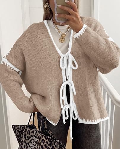 Women's Tie Front Bow Cardigan Sweaters Chunky Knit Long Puff Sleeve Trendy Fall Winter Jacket Coats thumbnail 5