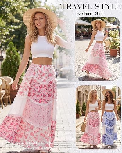 Cutecrop Women Patchwork Floral Maxi Skirt 2026 Summer Boho Flowy Long Skirt Casual Vacation Elastic Waist Tiered Ruffle Lace thumbnail 4