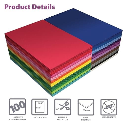 Better Office Products 100 Pack EVA Foam Sheets, 5.5 x 8.5 Inch, Assorted Colors (20 Colors), 2mm Thick, for Arts and Crafts, 100 Sheets thumbnail 3