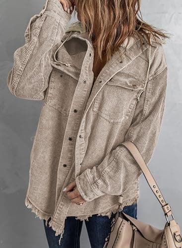 Dokotoo Womens 2025 Fall Corduroy Shacket Jacket Long Sleeve Button Down Color Block Hooded Coat with Pockets thumbnail 3