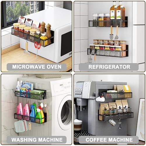 Aufworld Porte-épices magnétique pour réfrigérateur - Lot de 2 étagères magnétiques, organisateur frigo avec 4 crochets amovibles, étagère magnétique pour rangement et organisation de cuisine(2 PACK) thumbnail 5