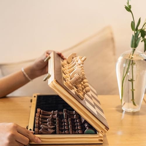 A&A 15" Magnetic Wooden Chess & Checkers Set/Folding Board / 3" King Height German Knight Staunton Chess Pieces/Walnut & Maple Inlaid /2 Extra Queen thumbnail 9