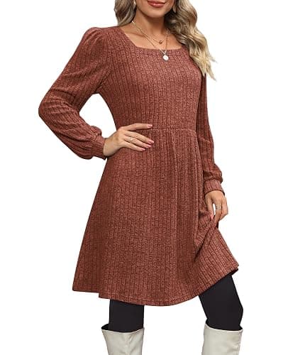 OFEEFAN Womens Knit Sweater Dress with Pockets Square Neck Long Sleeve Dresses thumbnail 3