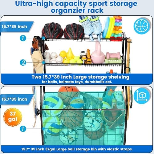 Garage Sports Equipment Organizer, Sports Equipment Storage for Garage with Baskets and Hooks, Rolling Basketball Racks for Balls with Wheels, Outdoor Toy Storage (Original Black) thumbnail 4