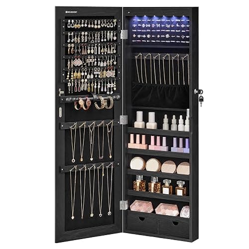 SONGMICS Hanging Jewelry Cabinet, Wall-Mounted Cabinet with LED Interior Lights, Door-Mounted Jewelry Organizer, Full-Length Mirror, Christmas Gift Idea, Ink Black UJJC099B01 - Image 1