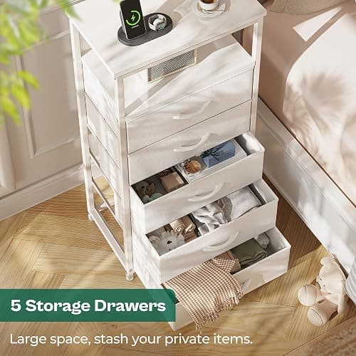 Huuger White Dresser with 5 Drawers & Charging Station, Tall Dresser for Bedroom, Tall Night Stand with PU Leather Finish, Open Shelf, Nightstand for Bedroom, Closet, Hallway, Entryway thumbnail 6