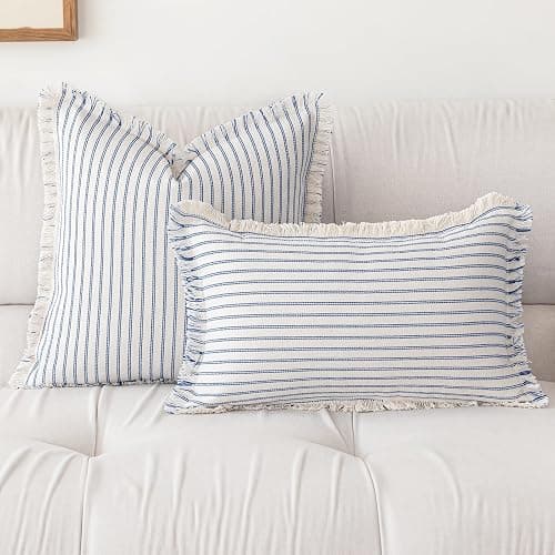 YEENAASY Throw Pillow Covers 18x18 Set of 2 Striped Fringe Pillow Cover Farmhouse Cushion Covers with Tassel Neutral Boho Pillows Decorative Square Pillowcase for Couch Sofa Bed, Blue thumbnail 3