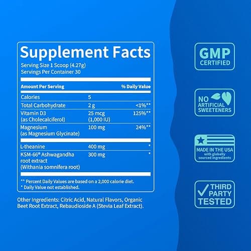 Nello Supercalm Powdered Drink Mix Tub, Cortisol Reducer*, Sleep Aid Supplement, L Theanine, Ksm-66 Ashwagandha, Magnesium Glycinate, Vitamin D 3, No Sugar, Non GMO, 30 Ct, Raspberry Lemonade thumbnail 4