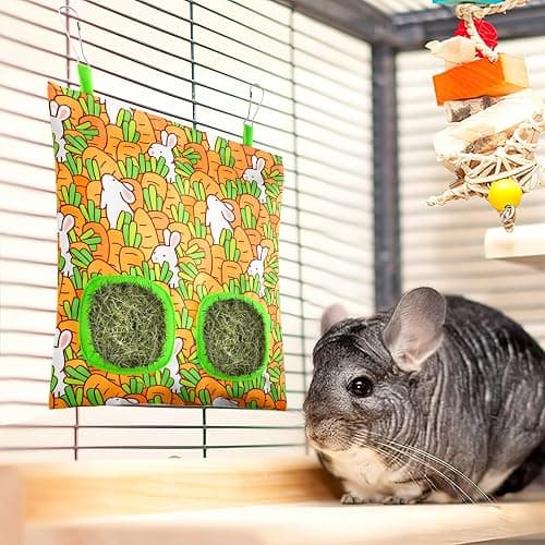UPINS 3 Hay Bag for Rabbits 2-Hole Hanging Hay Feeder Guinea Pig Hay Bags, Hay Feeder for Rabbits Chinchillas Hamsters Small Pets and Animals(Light Color) thumbnail 4