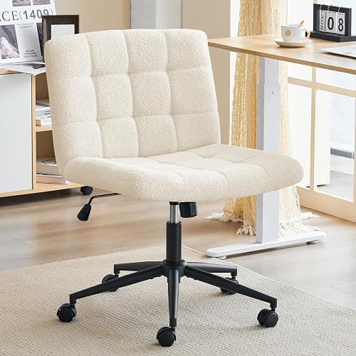 Furnimart Swivel Criss Cross Legged Chair with Wheels for Home Office, Wide Armless Desk Chair Height Adjustable Comfy Seat for Desk,Vanity, Bedroom, Faux Fur White - Image 1