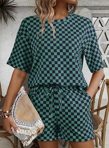 SHEWIN Women's Plaid 2 Piece Short Sets 2026 Lounge Beach Travel Vacation Outfits Matching Shorts Sweatsuit with Pockets thumbnail 2