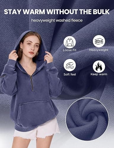 FAIABLE Women's Oversized Washed Quarter Zip Hoodie Loose Fit Pullover Sweatshirt with Pockets thumbnail 4
