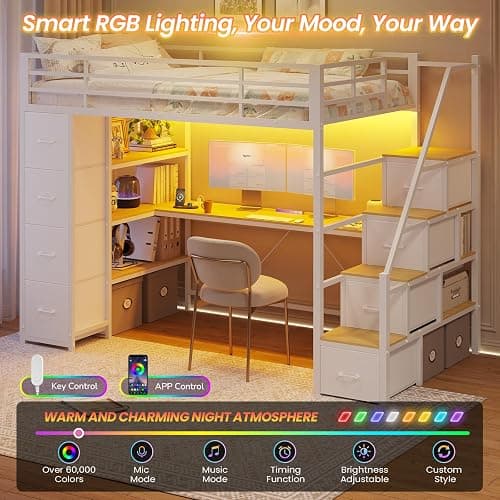 DICTAC Loft Bed Twin Size with Storage Stairs,Desk and Charging Station,Metal Twin Loft Bed with LED Lights,8 Storage Drawers,3-tier Shelves,Loft Beds for Kids,Teens,Adults with Safety Guardrail,White thumbnail 3