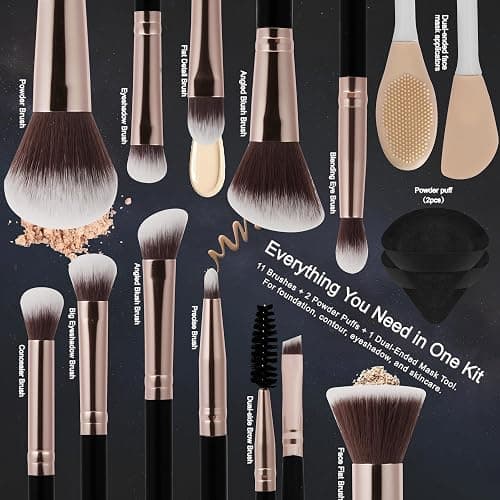 HEDIVIA Black Makeup Brushes Set 14 Pcs Professional, Premium Synthetic Foundation Makeup Brush Concealer Powder Blush Eyeshadow Brushes with 2 Powder Puff & Dual-ended Mask Applicator.Gifts for Girls thumbnail 3