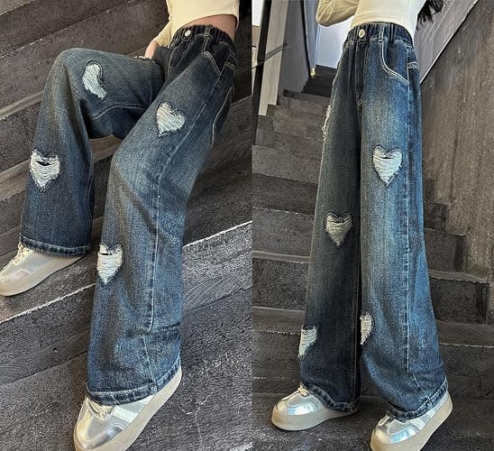 NABER Kids Girls Elastic Waist Cool Ripped Jeans Washed Denim Wide Leg Ripped Denim Jean Age 5-15 Years thumbnail 7