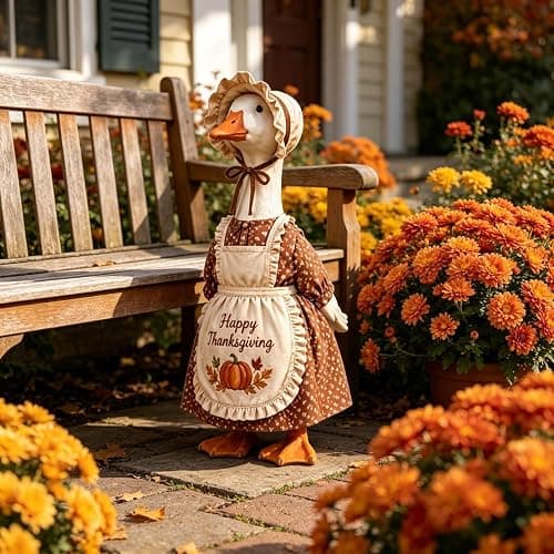 Gliswaieuznd Thanksgiving Pilgrim Porch Goose Outfits for 23'' Goose Statue | Fall Pumpkin Dress Goose Clothes, Pilgrim Costume, ''Happy Thanksgiving'' Apron, Bonnet, Autumn Yard Patio Garden Decor thumbnail 3