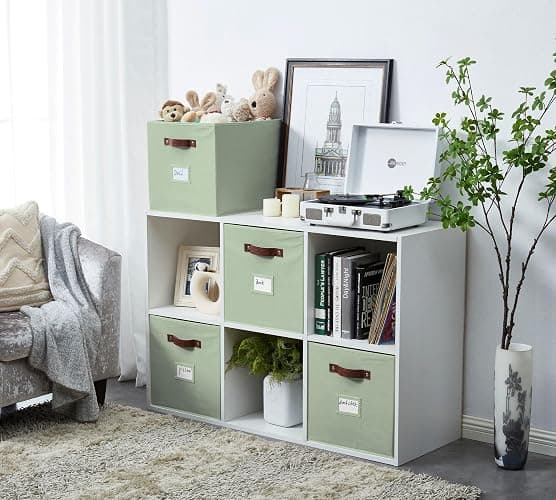 DECOMOMO Storage Bins, Storage Baskets for Shelves | 13" x 15" x 13" Storage Cube Bins with Labels for Organizing Shelves (Kallax, 4pcs, Sage Green) thumbnail 2
