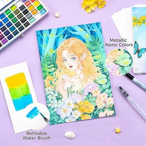 Ohuhu Watercolor Travel Paint Set, Portable Watercolor Kit for Outdoors 50-color with Watercolor Papers, Brush Pen, Acrylic Pen, Pencil and Accessories for Painting, Non-toxic Watercolors Paint for Artists Adults Beginners Kids Gift Idea thumbnail 6