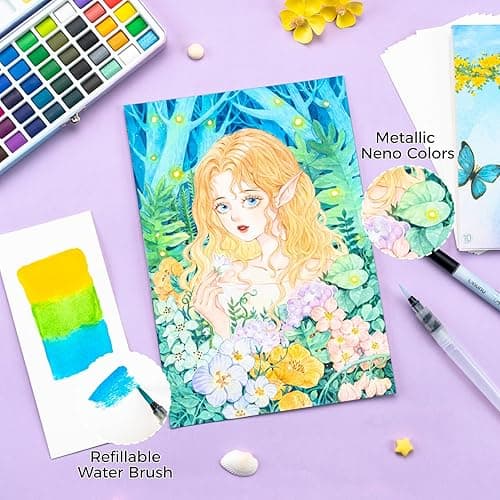 Ohuhu Watercolor Travel Paint Set, Portable Watercolor Kit for Outdoors 50-color with Watercolor Papers, Brush Pen, Acrylic Pen, Pencil and Accessories for Painting, Non-toxic Watercolors Paint for Artists Adults Beginners Kids Gift Idea thumbnail 6