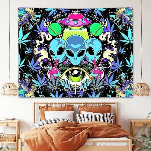 Cool Trippy Weed Tapestry, Funny Alien UFO Tie Dye Marijuana Leaf Tapestry Wall Hanging for Men Bedroom, Psychedelic Mushroom Cannabis Tapestries Poster Blanket College Dorm Home Decor (60X40) thumbnail 3