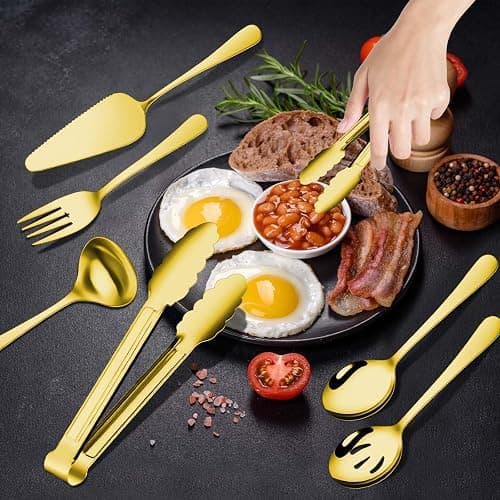 Gisly Gold 12 Pieces Serving Utensils Include Large Serving Spoons,Slotted Serving Spoons,Serving Forks,Serving Tongs,Appetizers Tongs,Soup Ladle and Pie Cake Server for Buffet Catering thumbnail 2