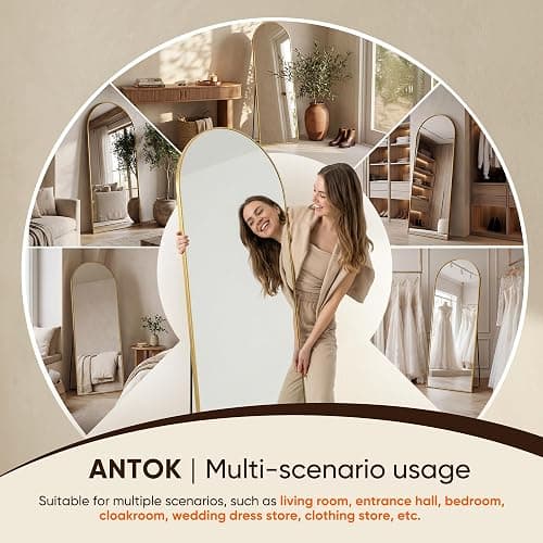 Antok 58" x19” Arched Full Length Mirror, Floor Mirror with Stand,Gold | Shatter-Proof Glass, Floor Standing&Hanging&Leaning, Full Body Mirror with Stand Aluminum Alloy Frame for Bedroom Livingroom thumbnail 8