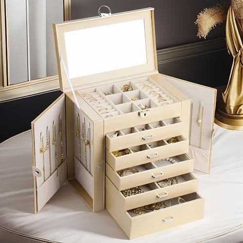 BOOVO Jewelry Box For women, 6 Layer Large Jewelry Organizer With Mirror, Multi-Function Storage Box With Lock, Accessory Holder With 5 Drawers, For Earrings Necklace Ring Bracelet (Pale gold) thumbnail 2