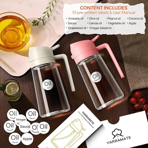 YARRAMATE 2Pcs 16oz/470ml 2 in 1 Oil Sprayer for Cooking with Stickers, Food-grade Glass Oil Spray Bottle, Oil Dispenser and Oil Sprayer for Kitchen, Salad, Frying, BBQ (White &Black) thumbnail 2