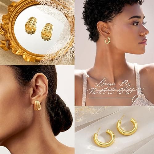 NECOCY 4 Pairs 14k Gold Hoop Plated Earrings Set for Women - Huggie Dangle Stack - Trendy Multiple Piercing Stud CZ Ear Cuff - Non Tarnish Jewelry thumbnail 5