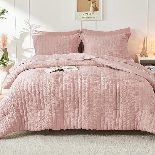 HYMOKEGE Rose Gold Queen Comforter Set, Seersucker Bed in a Bag Queen 7 Pieces, All Season Luxury Bedding Set with Comforters, Sheets, Pillowcases & Shams thumbnail 8