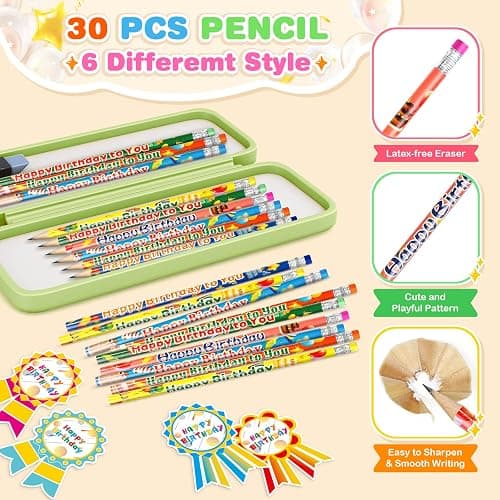 LACCHOUFEE 120 Pieces Happy Birthday Kits for Kids Classroom - Include Adjustable Happy Birthday Hats, Colored Silicone Stretches, Badge Stickers and Pencils, School Kindergarten Party Supplies thumbnail 5