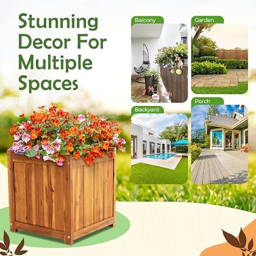 Idzo Set of 2 Hardwood Outdoor Flower Box, Durable Acacia Wood Flower Boxes for Outdoor Plants with Ergonomic Handles, Drainage Holes, Multiple Sizes Wood Bucket Planter for Home Décor thumbnail 6