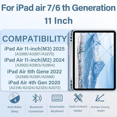BQDIYOO Case for iPad Air 7th/6th 11-inch M3/M2 (2025/2024) & 10.9 inch Air 5th 4th Gen with Keyboard 2022 2020, Detachable Wireless Keyboard Cover with Pencil Holder, Auto Sleep/Wake, Blue thumbnail 2