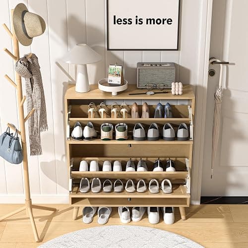 Fsbecl Shoe Storage Cabinet for Entryway with 2 Flip Drawers, Narrow Wood Shoe Cabinet with Fluted Panel, Freestanding Hidden Shoe Organizer for Foyer, Hallway (Wood Color) thumbnail 3