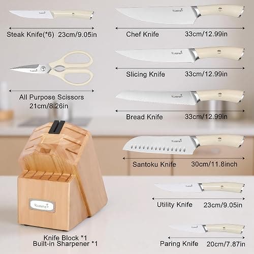 KUISINE Upgraded Knife Set High Carbon Stainless Steel Super Sharp Blade Ergonomic Rivet Handle,Knife Block Set with Built-in Sharpener(Ivory Acacia Pro,15PCS) thumbnail 3