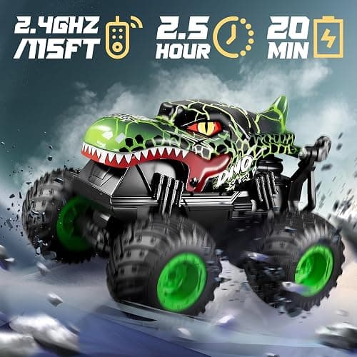 BEZGAR Monster Truck Toys，1:20 Remote Control Car with Light & Music | Green Dinosaur Toys for Kids,RC Truck with 360° Spins and Drifting, Toy Car Gifts for Boys, Battery Life of 20 Minutes thumbnail 3