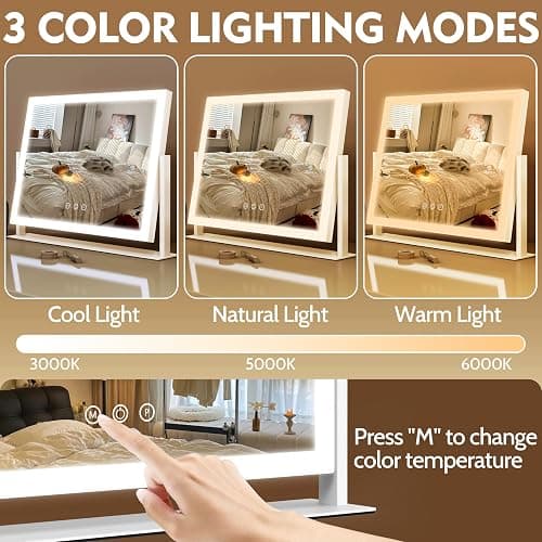 ROLOVE Lighted Makeup Mirror 16.3"x12.6", Hollywood Vanity Mirror with 10X Magnifier, 3 Color LED Lighting Modes, Smart Touch Control & 360° Rotation, Tabletop Makeup Mirror (White, Gift Ready) thumbnail 3