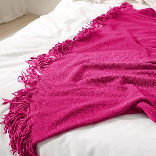 Homiest Dark Pink Knitted Throw Blanket with Fringe, 50x60 Inch | Pure Acrylic, Lightweight & Breathable, All-Season Use, Machine Washable, Wrinkle & Fade Resistant, for Couch Sofa And Bed thumbnail 5
