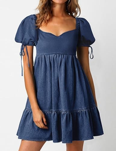 POTILI Denim Dress for Women Puff Short Sleeve Jean Dresses Sweetheart Neck Denim Mini Dress thumbnail 5