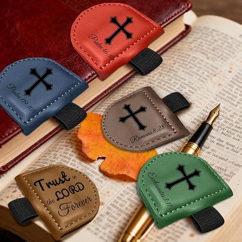 Bygone Mark Personalized Magnetic Leather Bookmark with Pen Holder - Inspirational Bible Verse Scripture Design, Custom Book Marker for Book Lovers Men Women (Brown-Romans 8:28) thumbnail 3